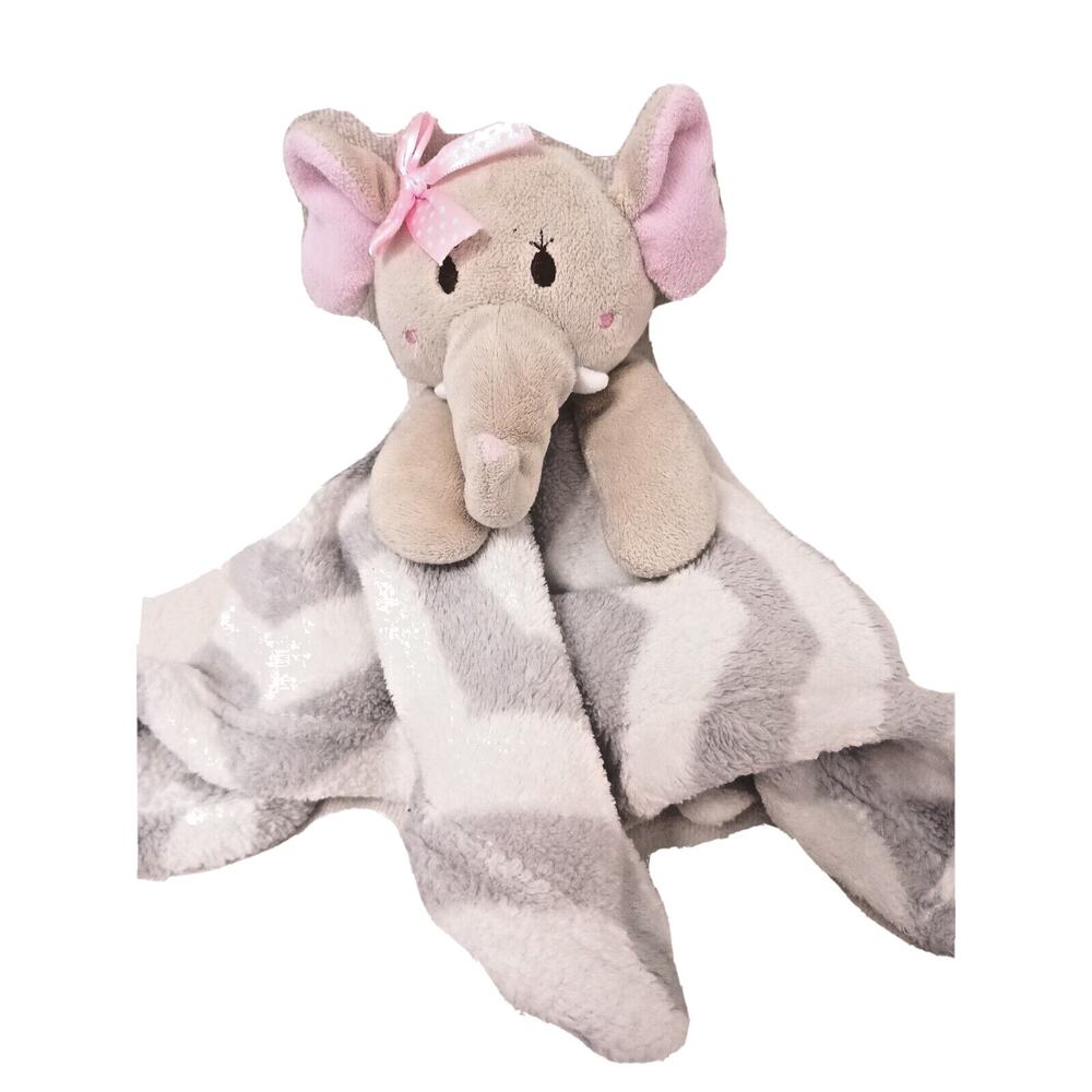 Baby Elephant Security Blanket Toy 12" Tusks Gray Plush Pink White Embroidered